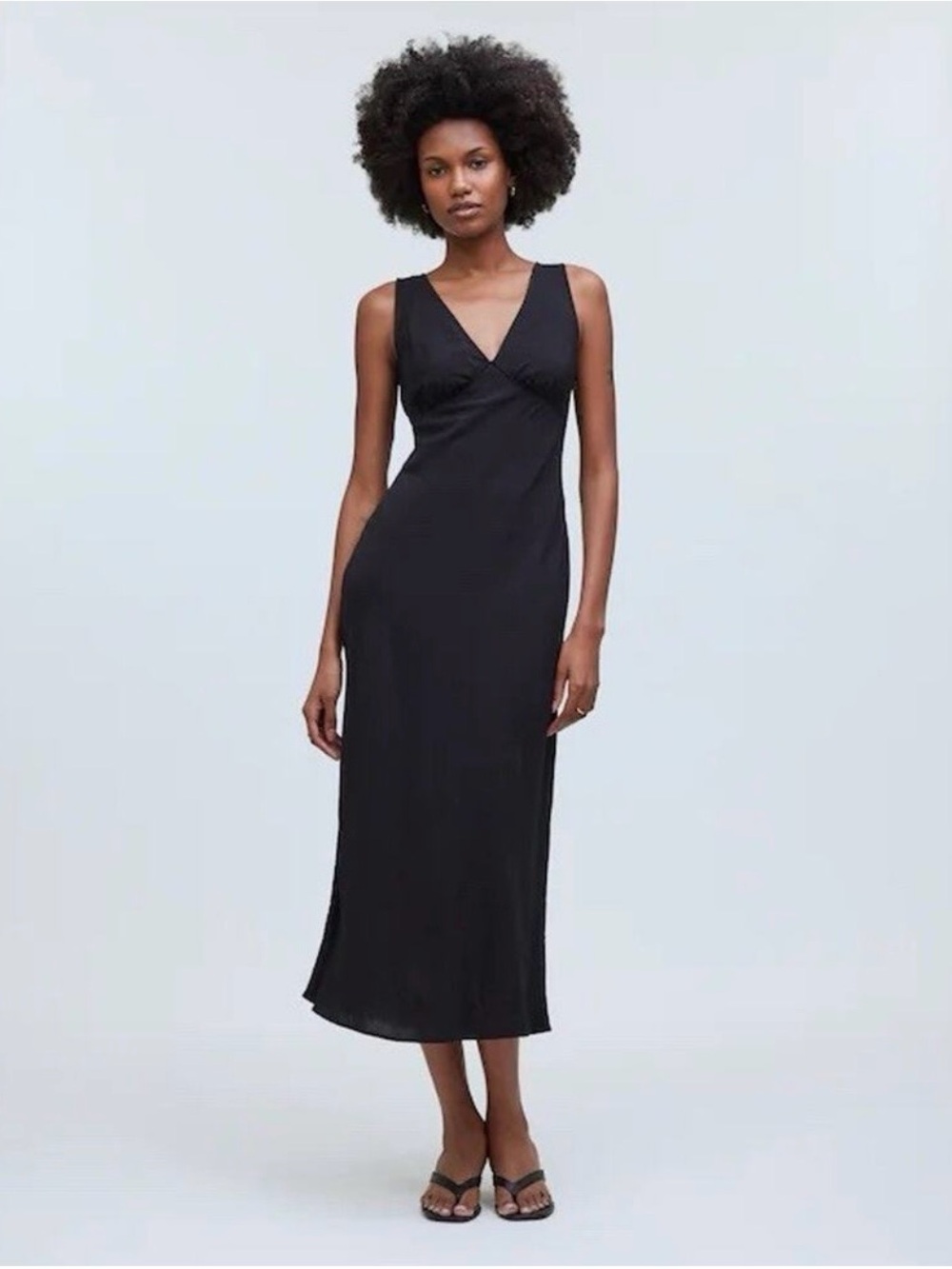 Madewell Ariana Black Midi Slip Dress with V-Neck